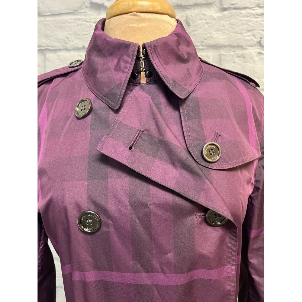 Burberry Brit Raincoat Womens 8 Purple Excellent Mega Check Trench Coat - Picture 4 of 4
